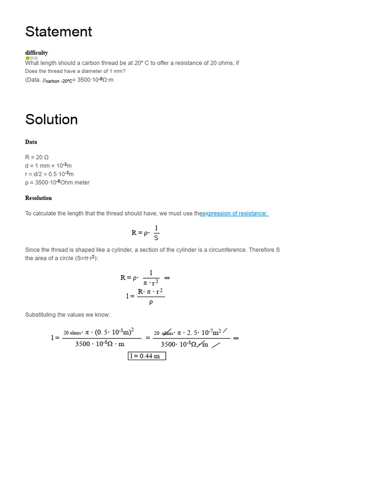 Solved Exercise - Length of A Resistor | PDF