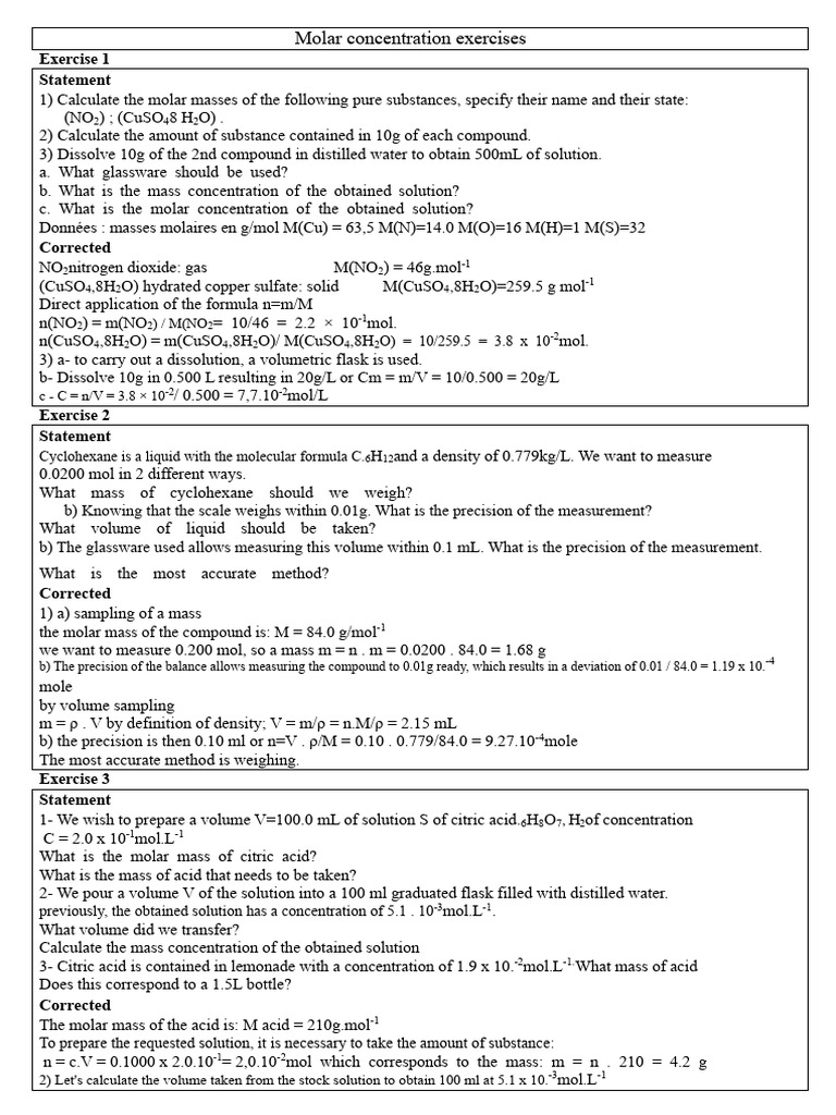 Molar Concentration Calculation Exercises | PDF | Mole (Unit ...
