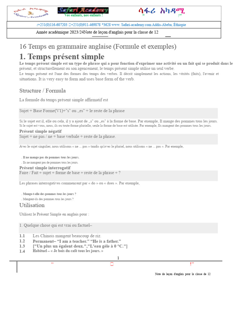 Grammaire anglaise : temps verbaux clés | PDF | Phrase | Verbe