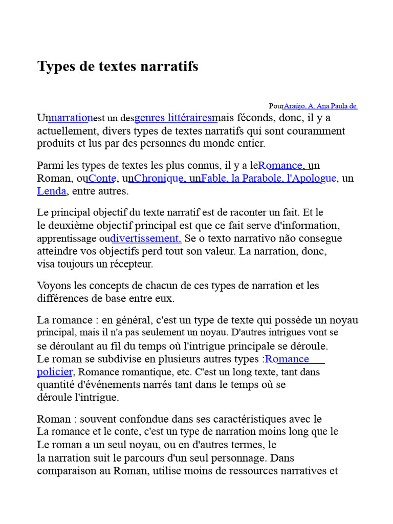 Types de textes narratifs expliqués | PDF | Fable | Romans