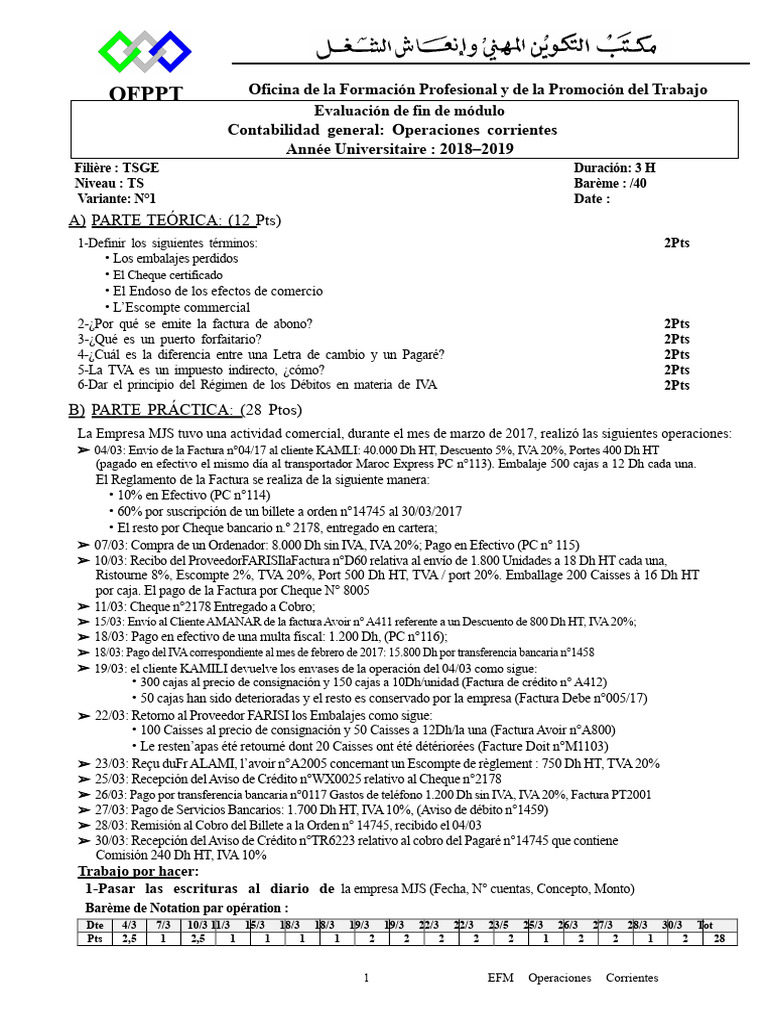 Evaluación Contabilidad General 2018-2019 | PDF | Factura | Cheque