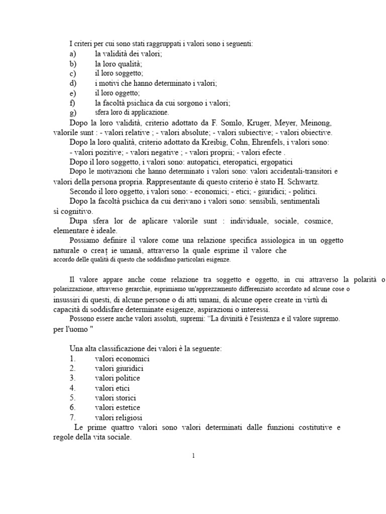 La Classificazione Dei Valori | PDF
