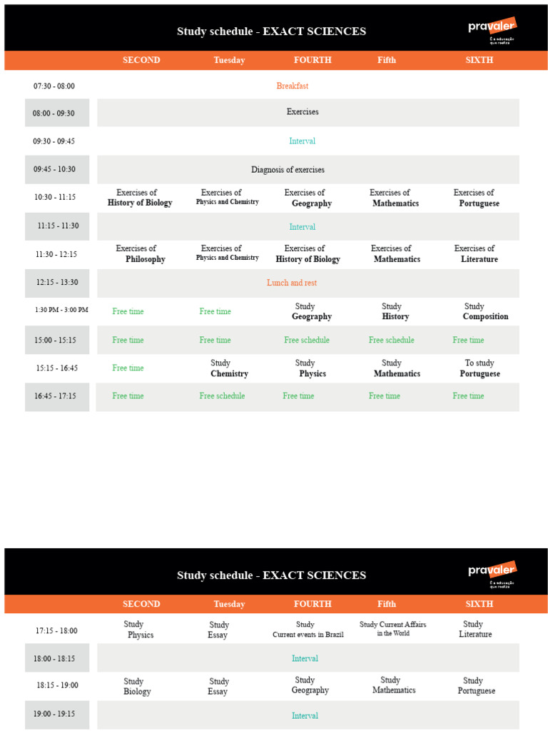 Exact Sciences Study Schedule | PDF
