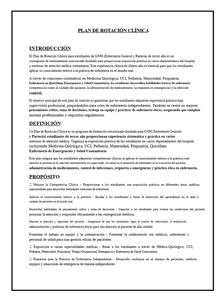 Plan de Rotación Clínica para Estudiantes de Enfermería | PDF ...