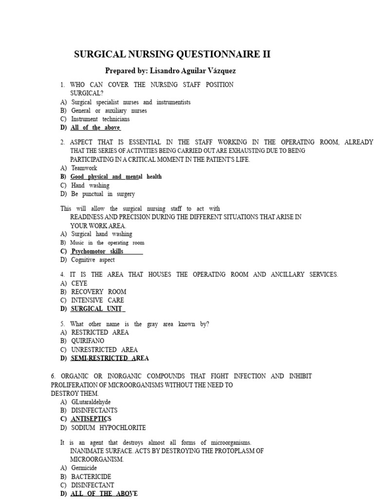 Surgical Nursing Questionnaire II | PDF | Sterilization (Microbiology ...