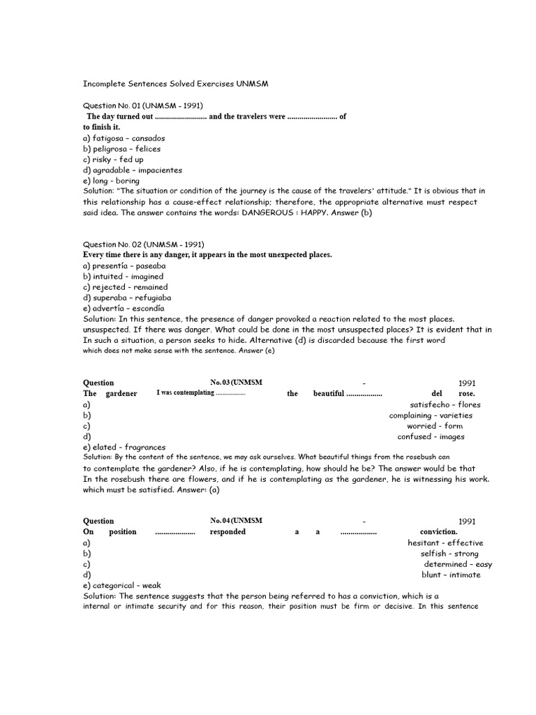 UNMSM Incomplete Sentences Exercises | PDF | Thought | Abstraction