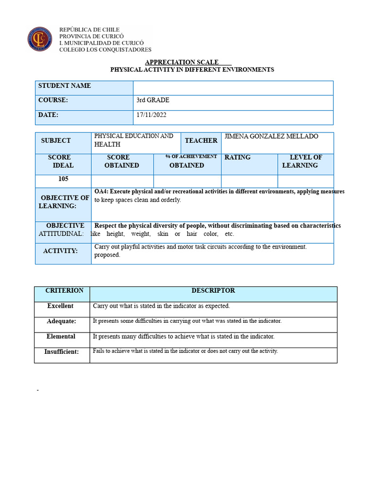 Appreciation Scale 3RD Grade Physical Education | PDF | Learning