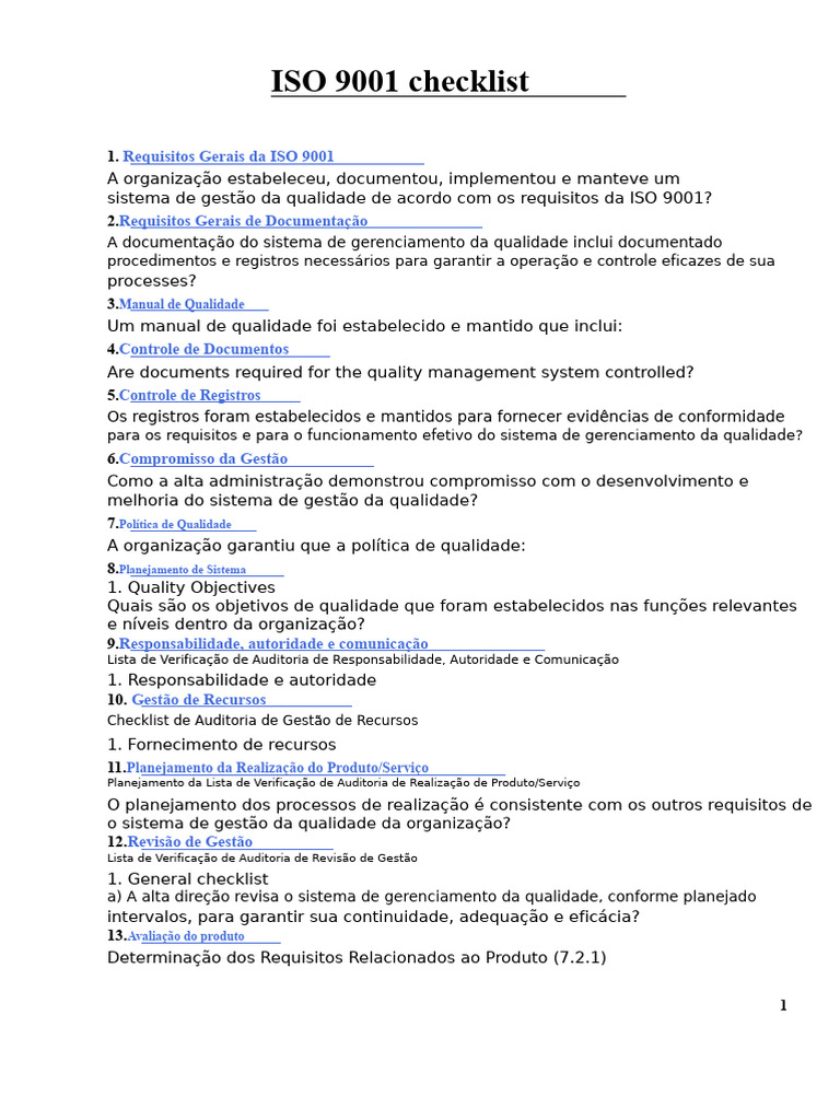 Checklist Completo ISO 9001 | PDF | Qualidade (negócios) | Gestão de ...