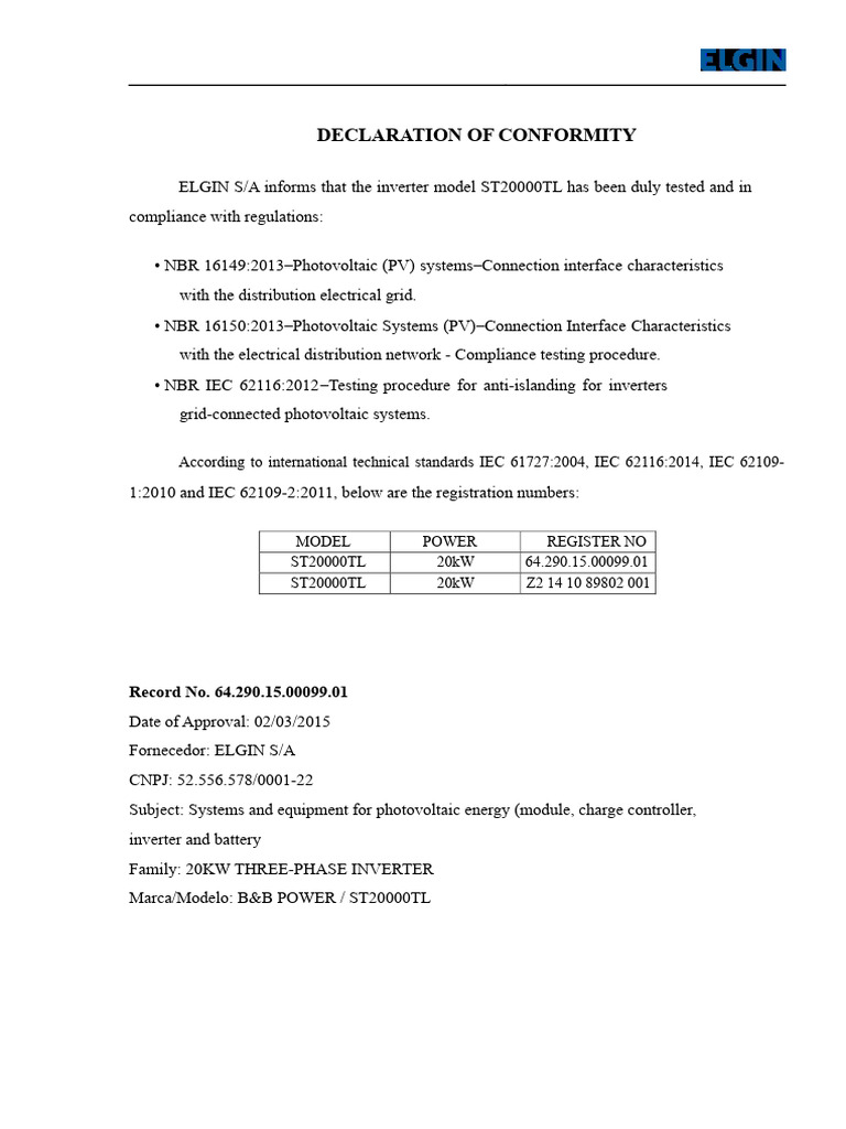ST20000TL Inverter Compliance Declaration | PDF