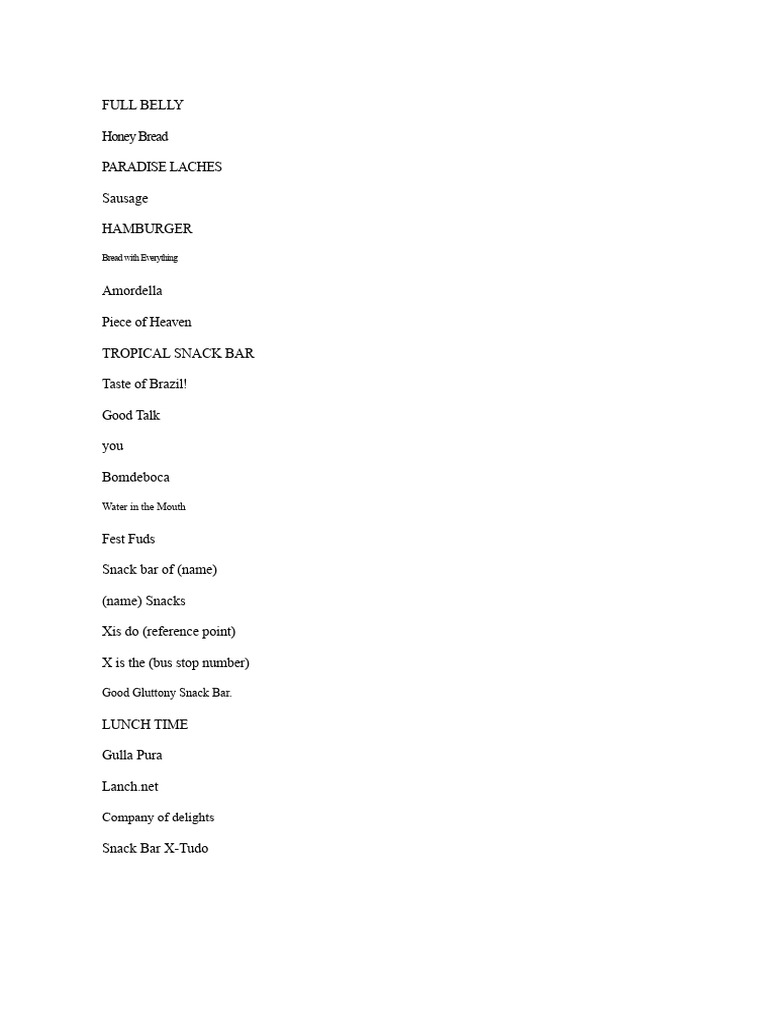Brazilian Snack Bar Names Ideas | PDF
