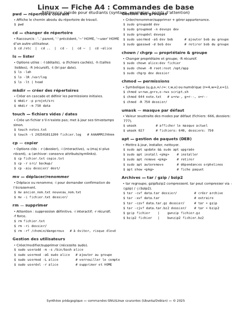 Commandes de base Linux pour étudiants | PDF | Logiciel utilitaire ...