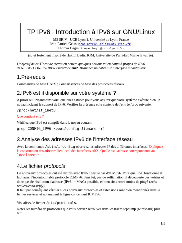 TP IPv6 : Configuration et Tests sur GNU/Linux | PDF | I Pv6 | Adresse IP