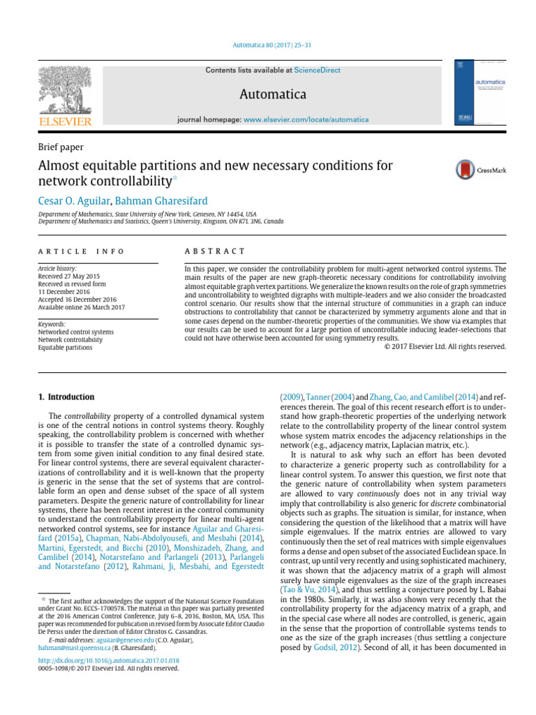 Network Controllability via Equitable Partitions | PDF | Eigenvalues ...