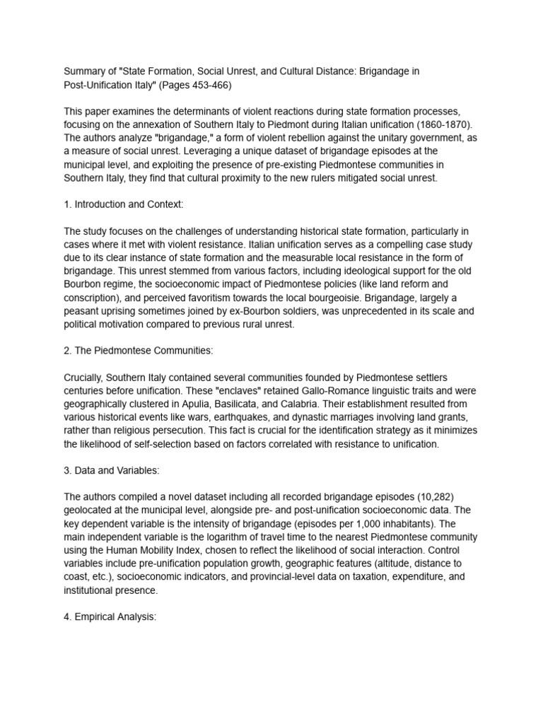 Summary of State Formation, Social Unrest, and Cultural Distance | PDF ...