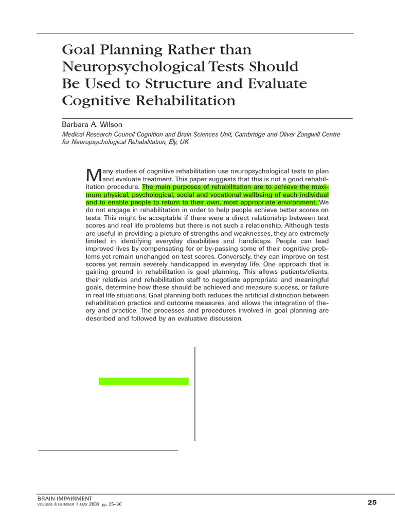 Goal Planning in Cognitive Rehabilitation | PDF | Neuropsychology ...