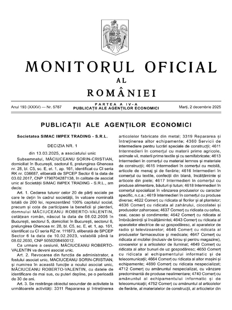 Monitorul Oficial Partea A IV-a Nr. 5787 - 2025 | PDF