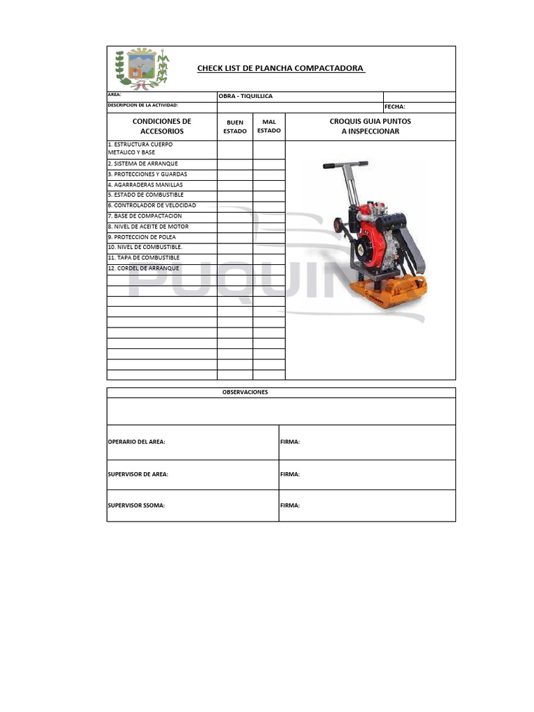 Checklist de Inspección Plancha Compactadora | PDF