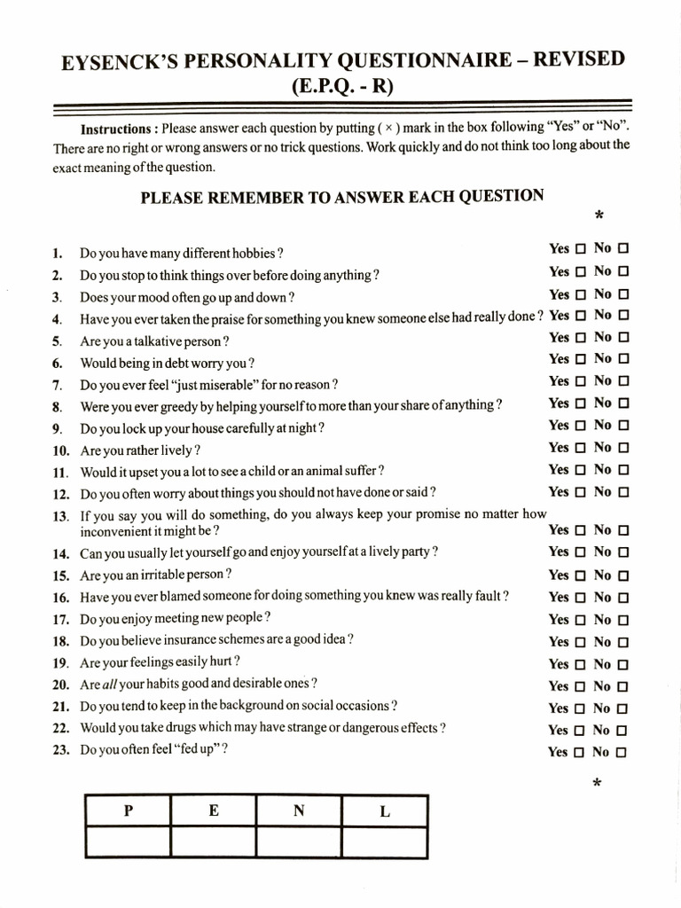 Eysenck's Revised Personality Questionnaire | PDF
