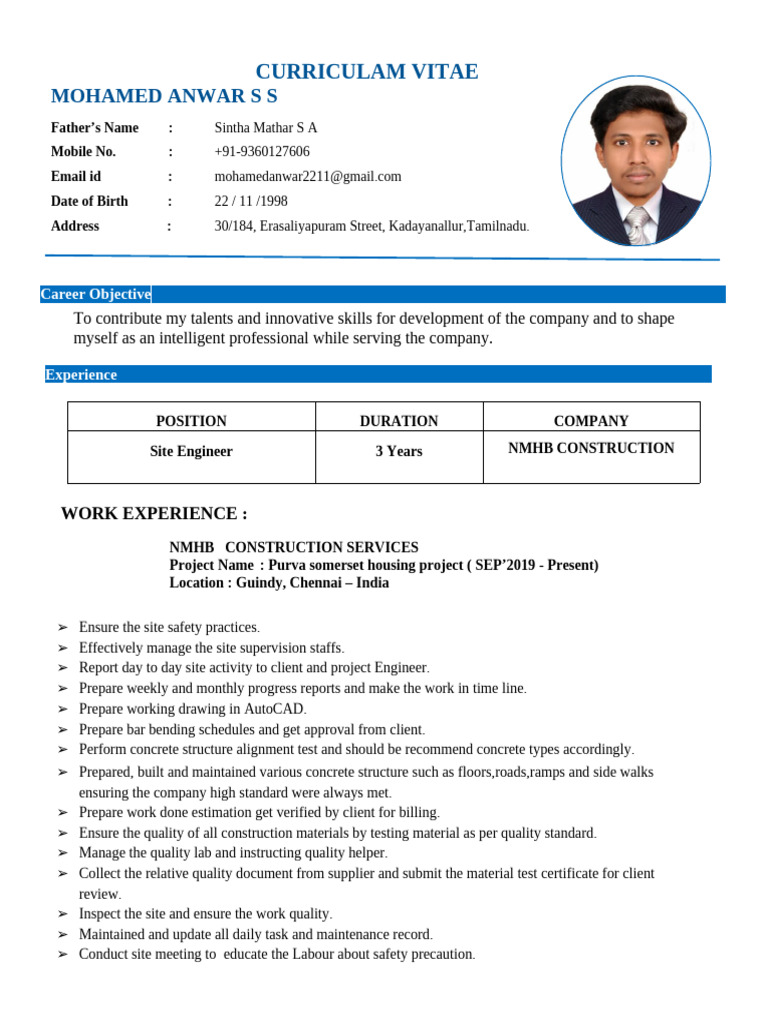 Civil Engineer Resume - Mohamed Anwar S | PDF