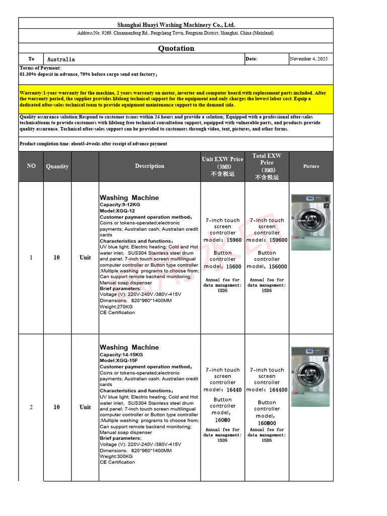 Commercial Washing Machine Quotation | PDF | Cash | Washing Machine