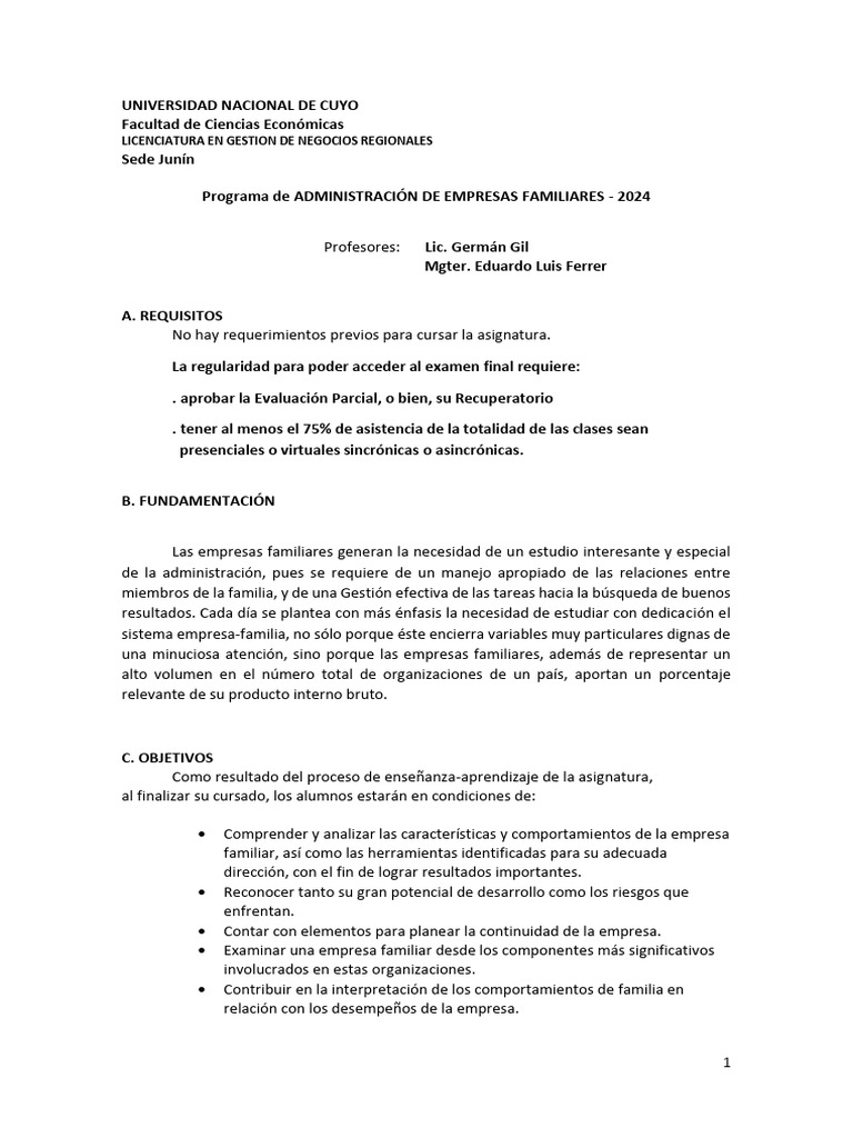 Administración de Empresas Familiares 2024 | PDF | Enseñando | Aprendizaje