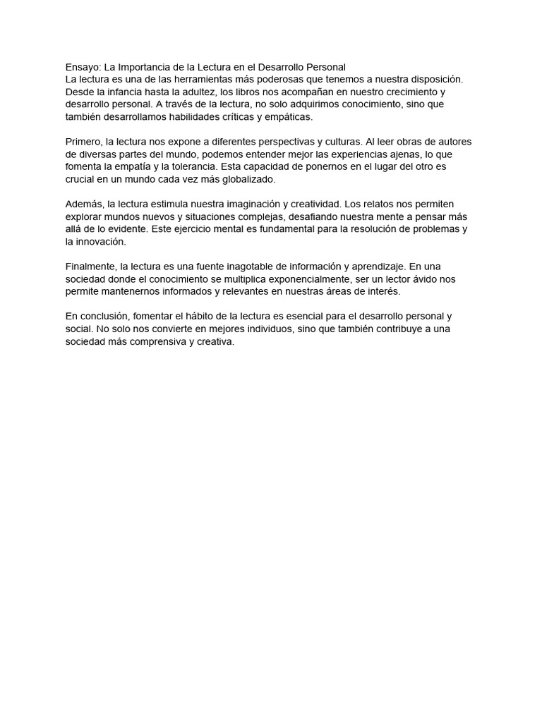 Ensayo - La Importancia de La Lectura en El Desarrollo Personal | PDF