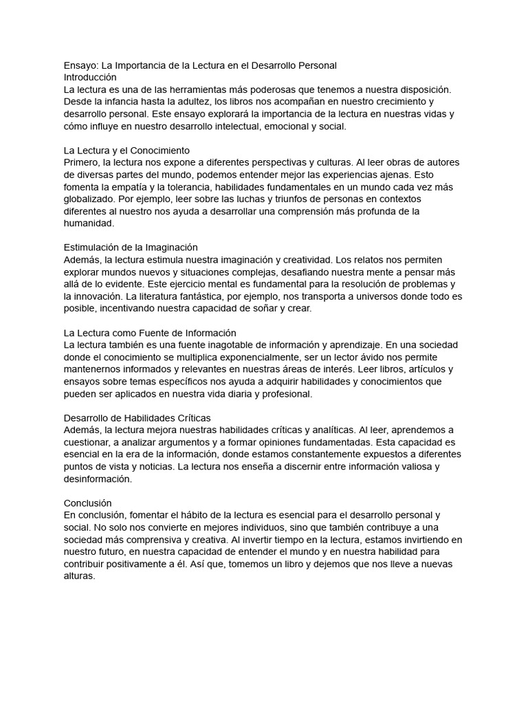 Ensayo - La Importancia de La Lectura en El Desarrollo Personal | PDF ...