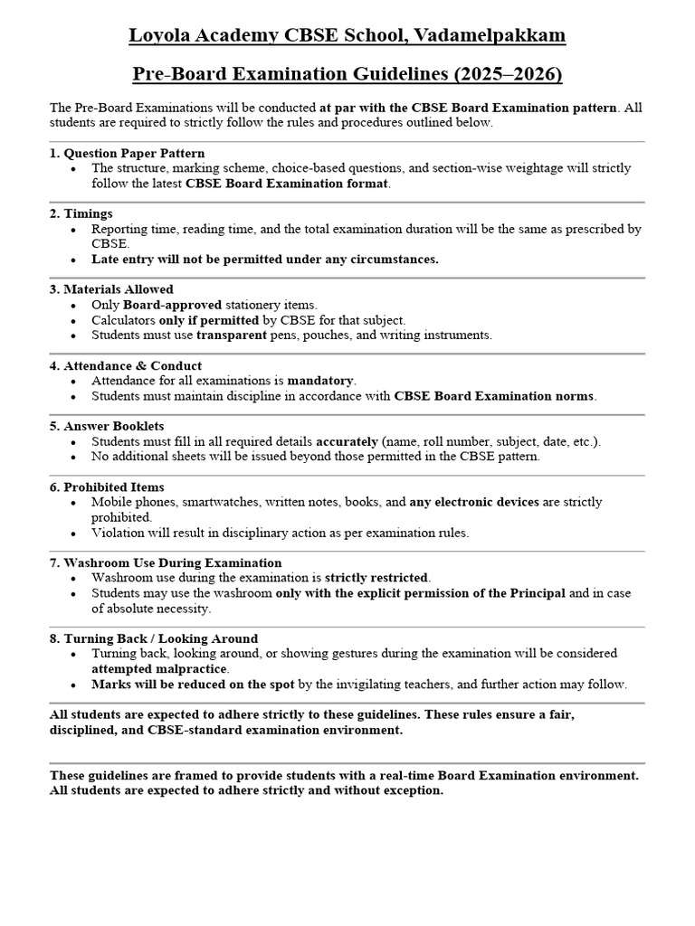 Pre-Board Examination Guidelines (2025-2026) | PDF