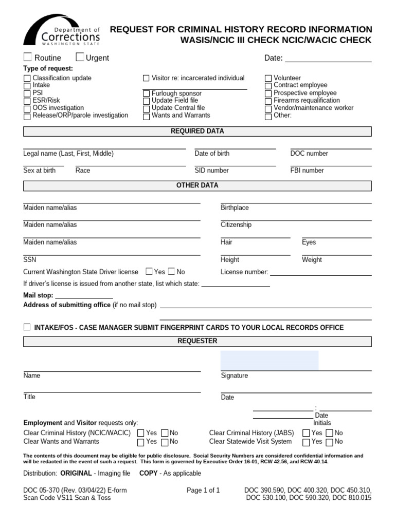 Criminal History Record Request Form | PDF | Criminal Record | Justice