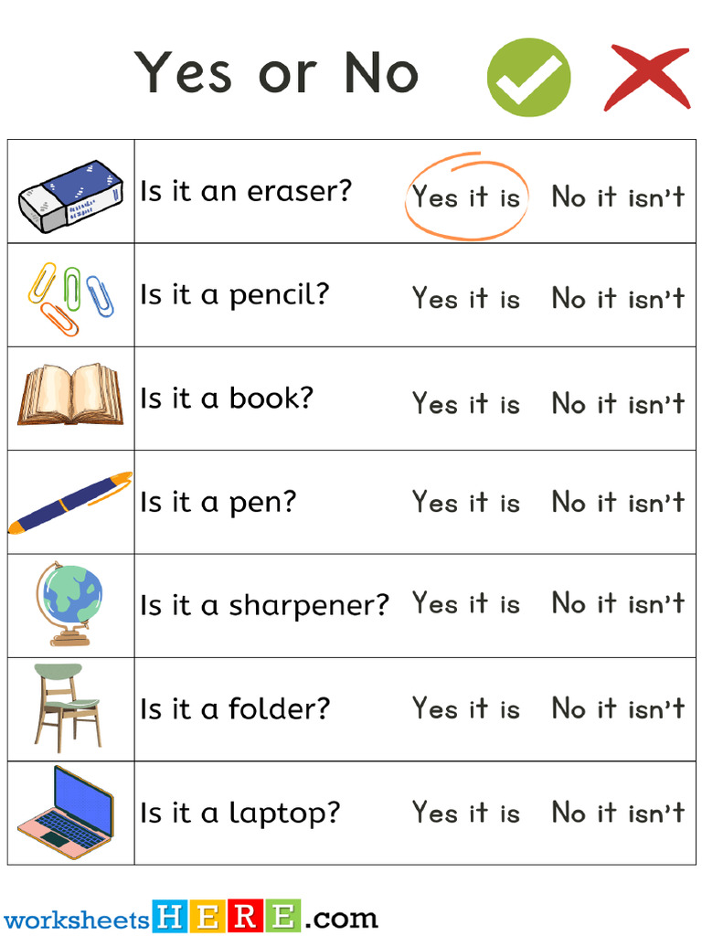 Yes or No Read and Circle Correct Answer With School Objects Pictures ...