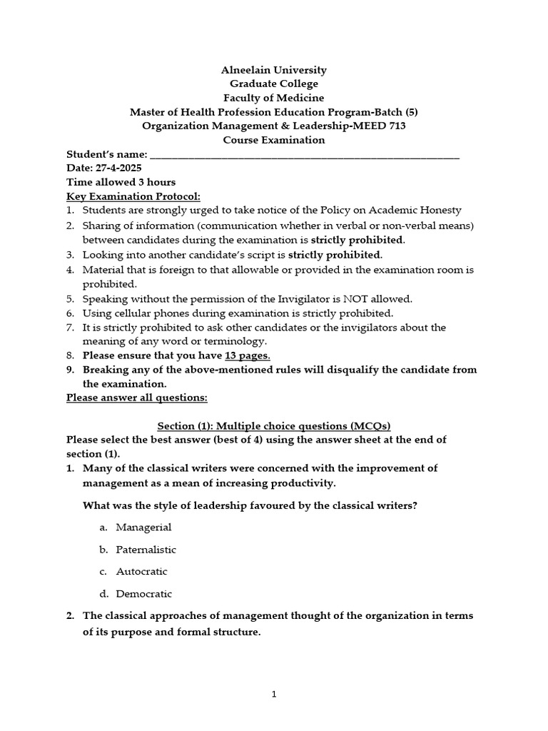 Exam Protocol for Health Education Master’s Program | PDF | Leadership ...