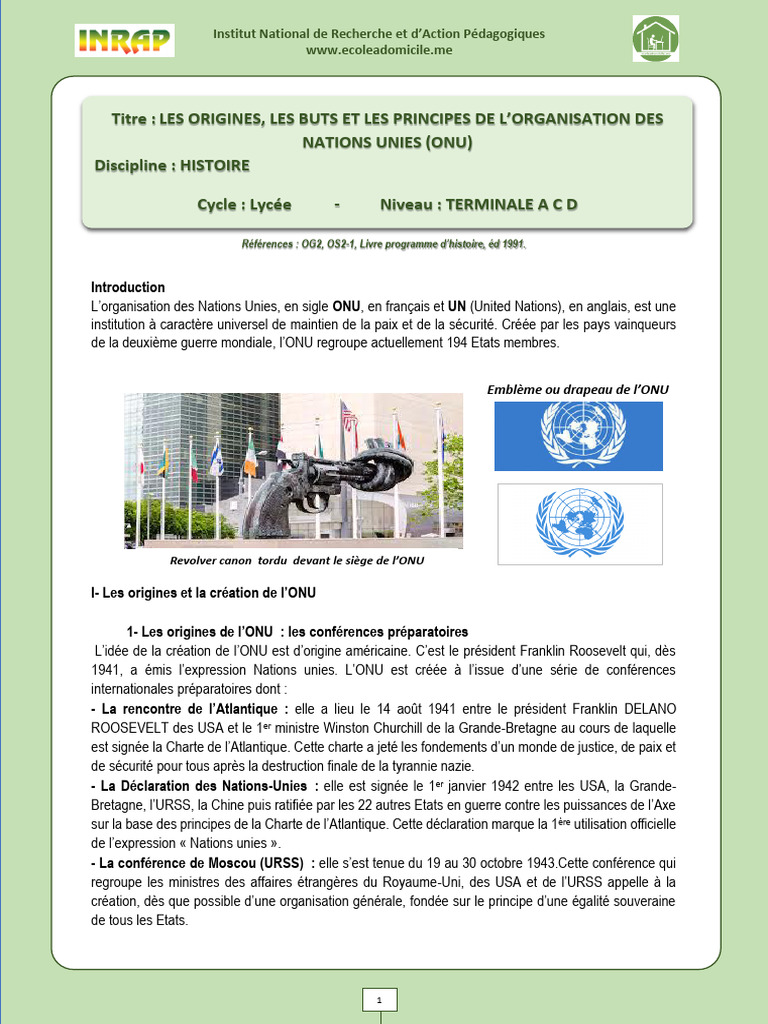 Origines et principes de l'ONU | PDF | Nations unies | Relations ...