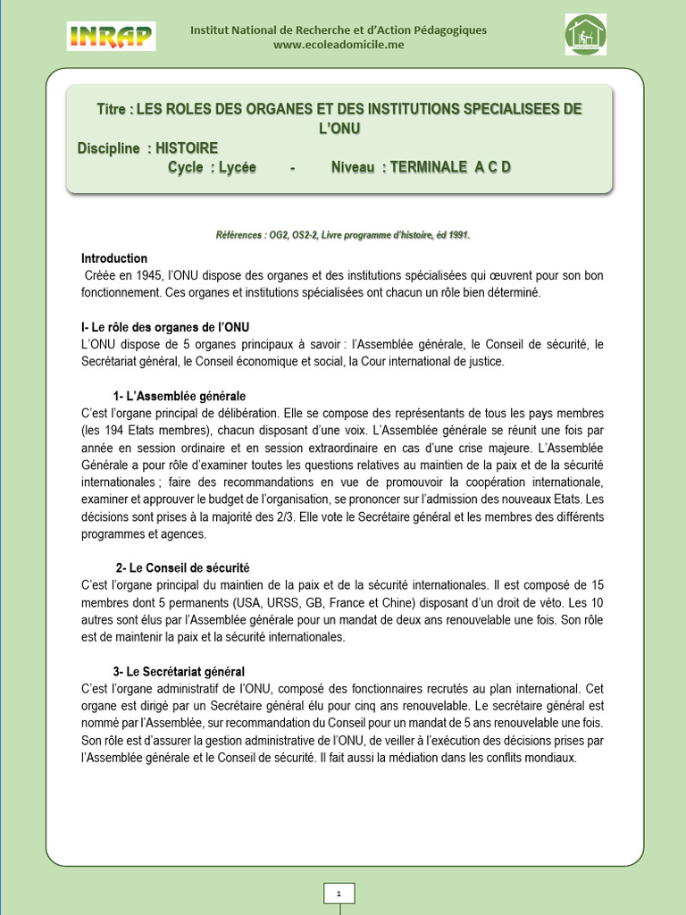 Rôles des organes de l'ONU expliqués | PDF | Nations unies | Relations ...