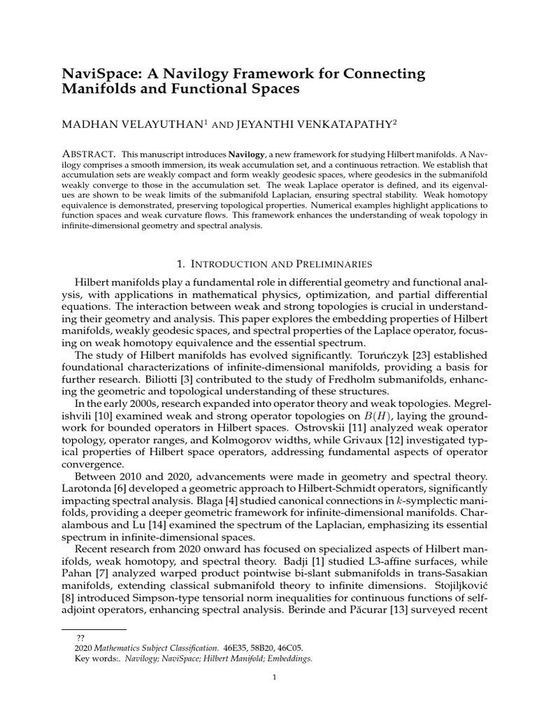 Navilogy Framework for Hilbert Manifolds | PDF | Hilbert Space | Manifold