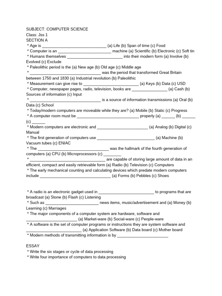 Computer Science Exam Questions JSS 1 | PDF | Computer Data Storage | Bit