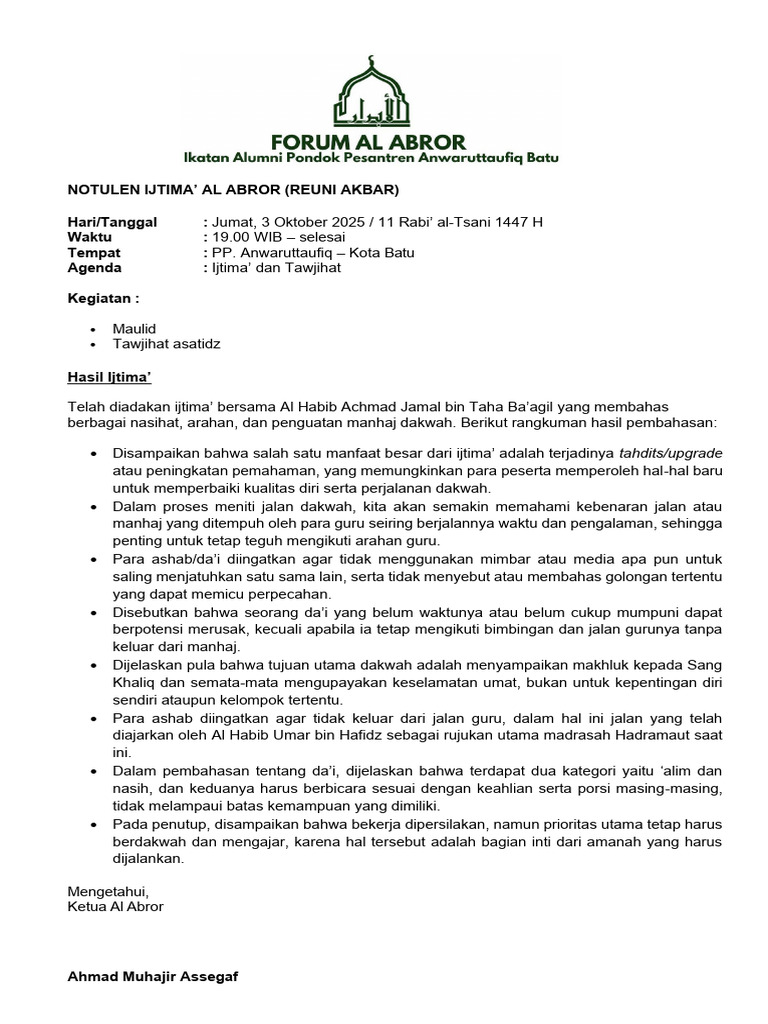 Hasil Ijtima' Al Abror 2025: Nasihat Dakwah | PDF