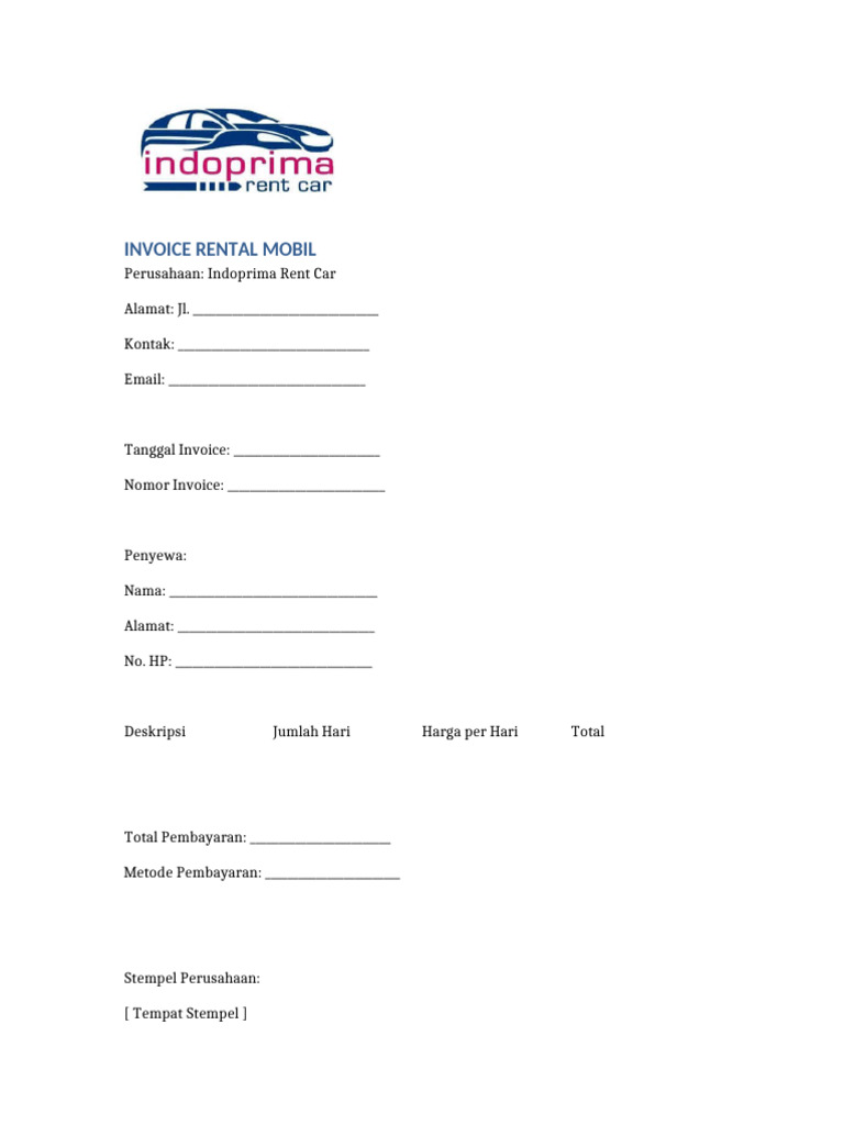 Invoice Rental Mobil Indoprima | PDF