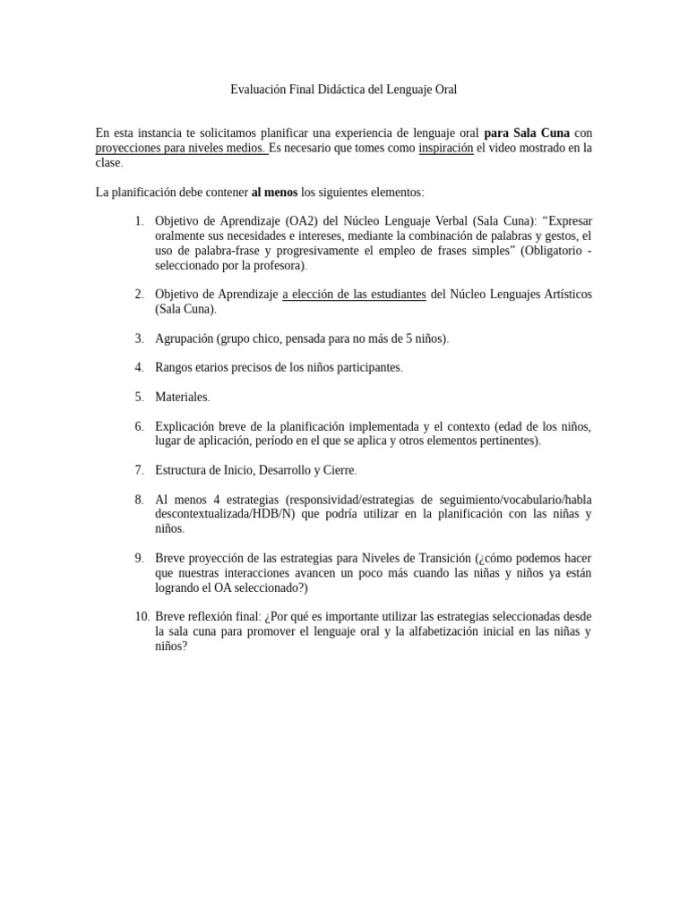 Evaluación Final Didáctica Del Lenguaje Oral | PDF | Aprendizaje ...