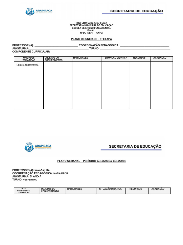 Plano Semanal de Ensino - 3º Ano A | PDF | Alfabetização | Pedagogia