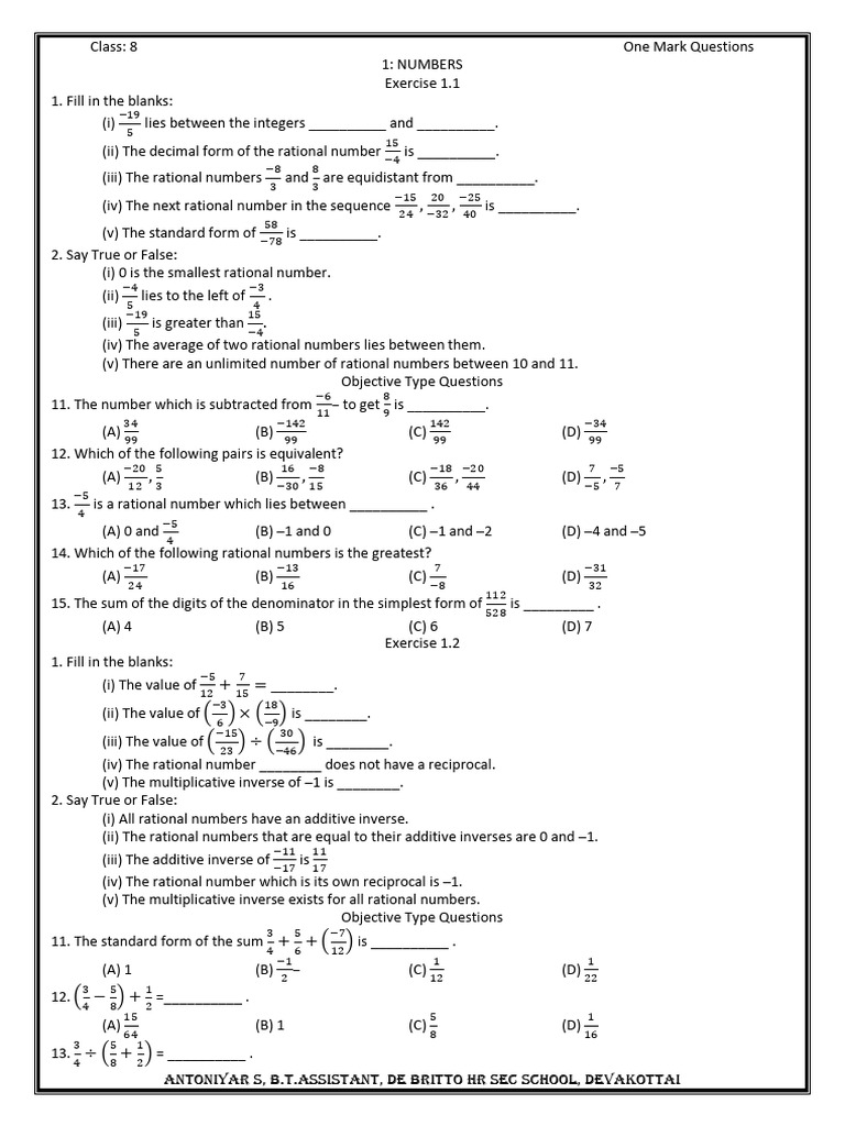 Class 8 Rational Numbers Exercises | PDF | Numbers | Triangle