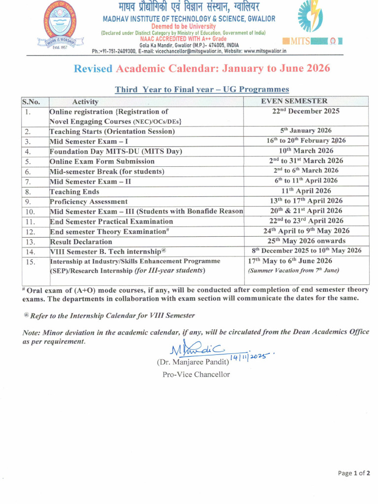 Revised Academic Calendar January-June 2026thirt Year To Final Year UG ...