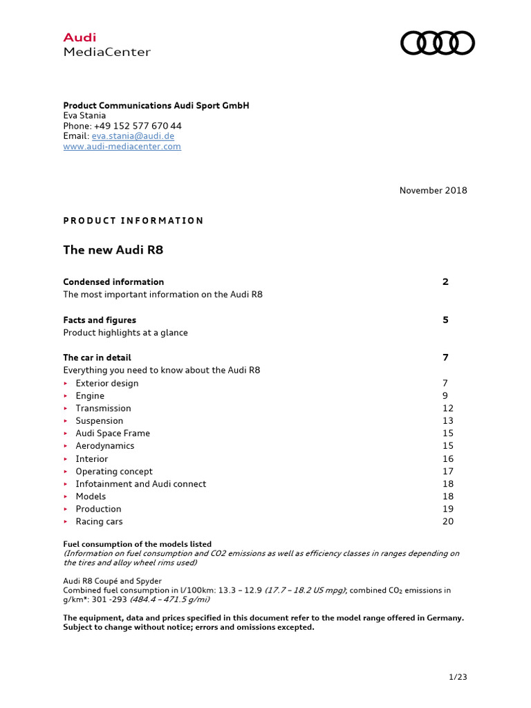 New Audi R8: Specs & Features Overview | PDF | Fuel Economy In ...