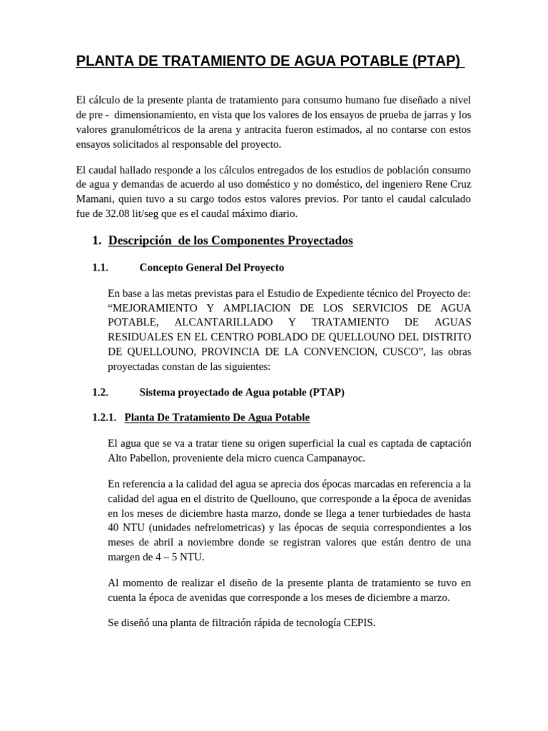 Diseño de Planta de Tratamiento de Agua | PDF | Filtración | Agua