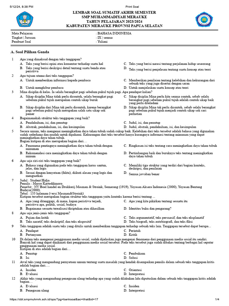 Soal Bahasa Indonesia Kelas IX SMP | PDF