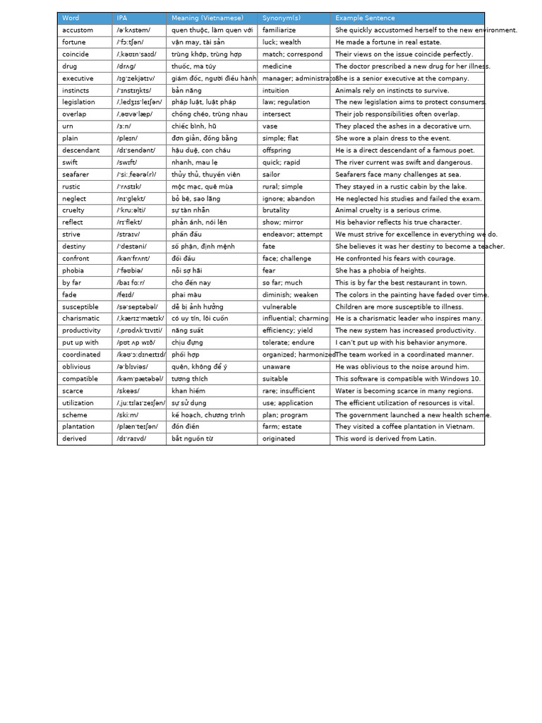 Vocabulary List with Meanings and Examples | PDF
