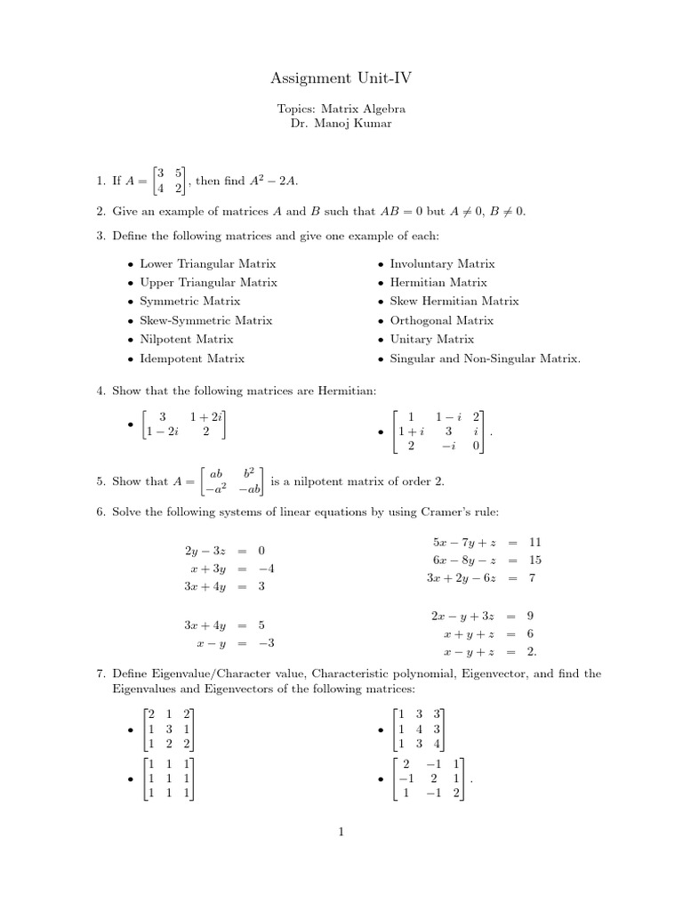 Matrix Algebra Assignment Guide | PDF | Matrix (Mathematics ...