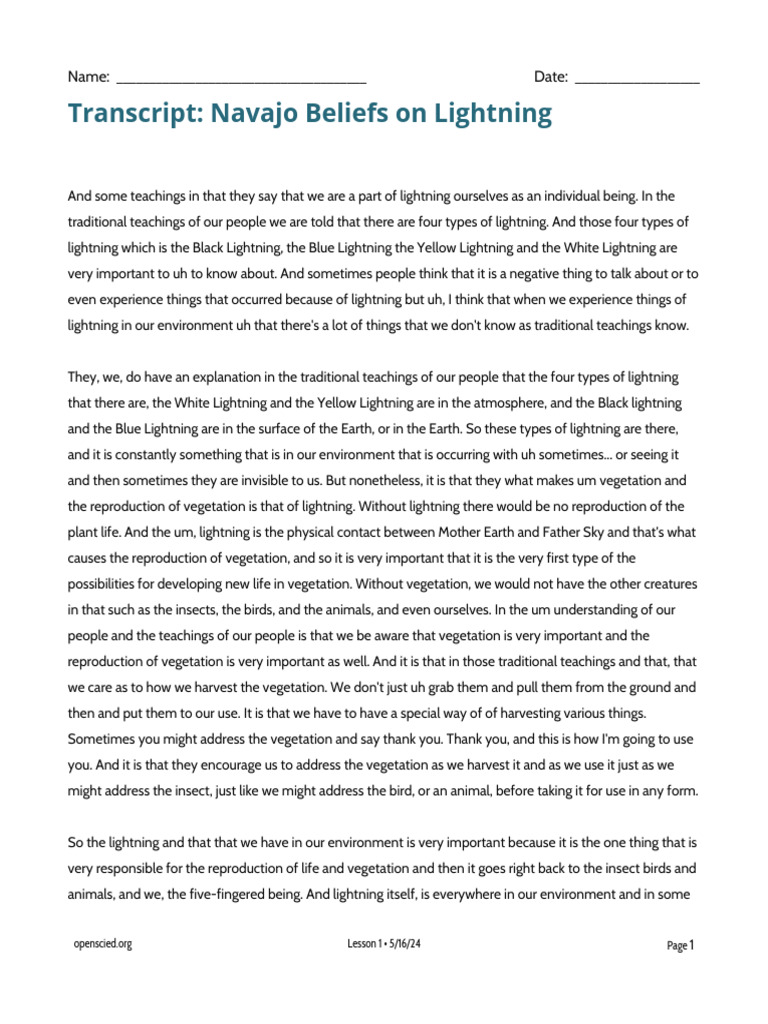 UST Lesson 1 Handout Transcript Navajo Beliefs | PDF | Lightning