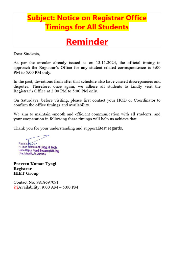 Registrar Office Hours for Students | PDF