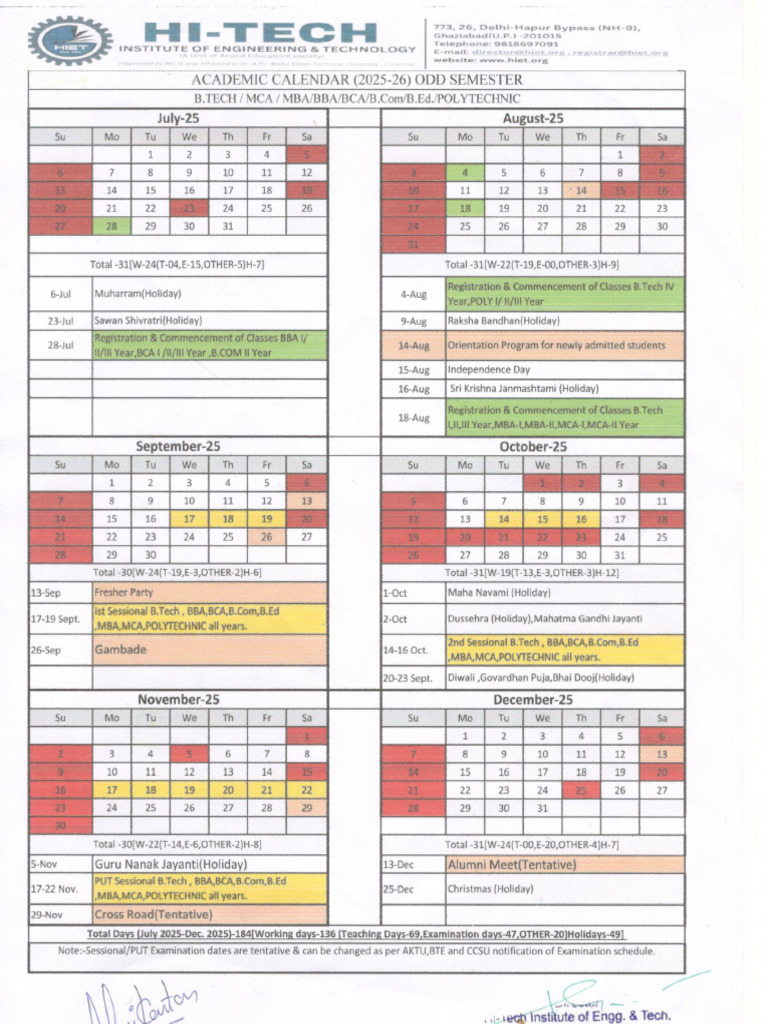 Academic Calendar 2025-26 Odd Semester | PDF