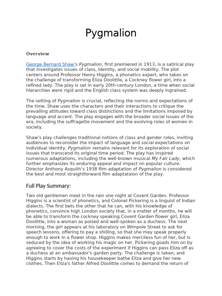 Pygmalion: Class and Identity in Shaw's Play | PDF | Pygmalion (Play)